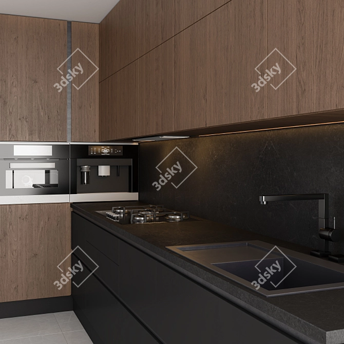 Sleek Black Wood Kitchen 3D model image 2