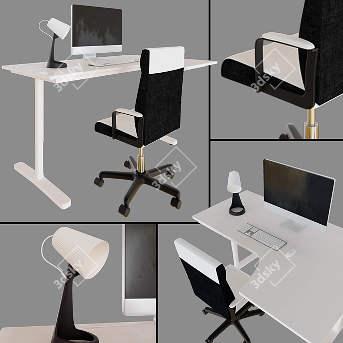 Sleek White Corner Desk & Swivel Chair 3D model image 1