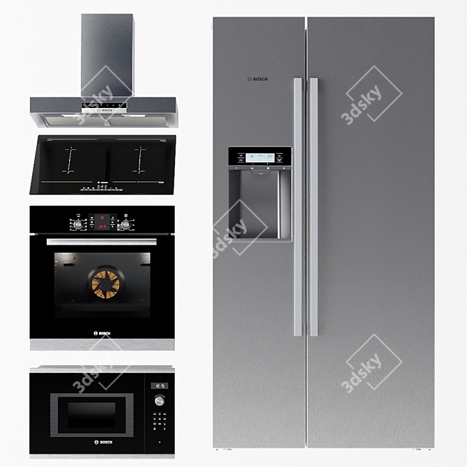 Bosch Kitchen Appliance Set: Oven, Microwave, Induction Cooktop, Hood, Fridge 3D model image 1