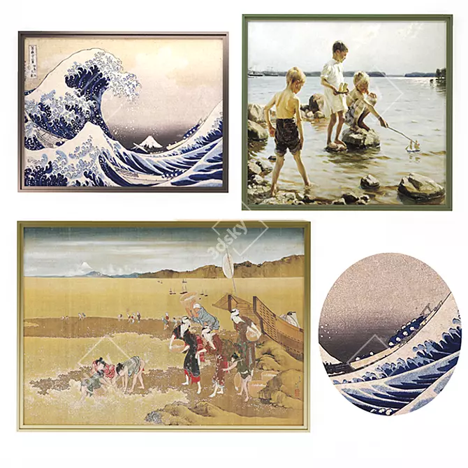Stunning Museum Paintings: Mount Fuji, Shell Gathering, Boys Playing 3D model image 1