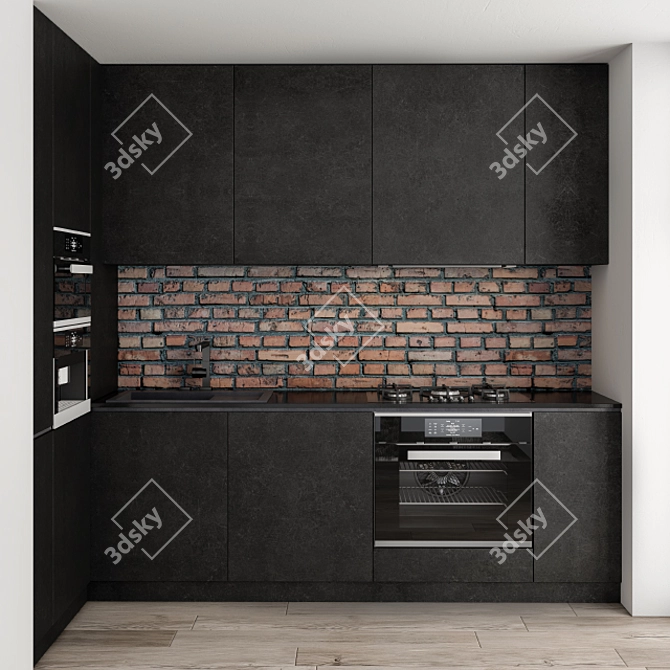 Sleek Brick Wall Kitchen 3D model image 1