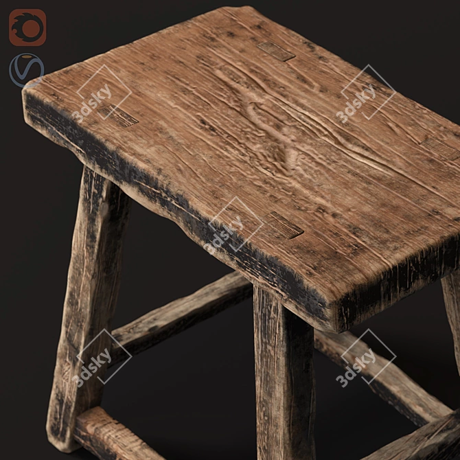 Vintage Wooden Stool 3D model image 2