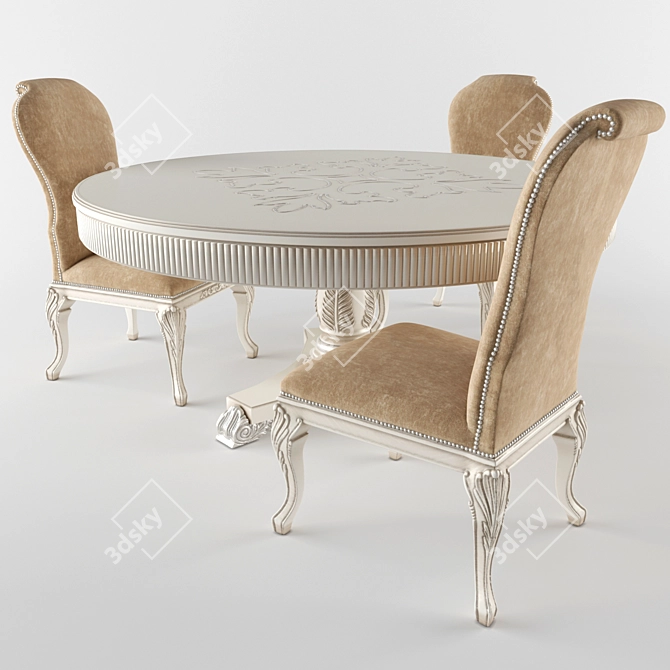 Vintage Wood Circle Table & Velvet Chair 3D model image 1