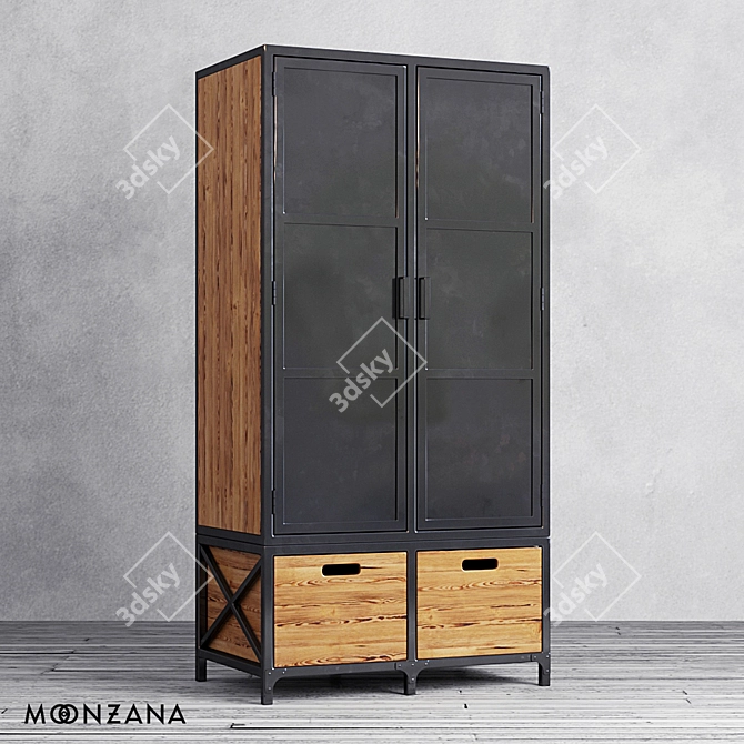 Rustic Pine Wood Wardrobe with Metal Accents 3D model image 1