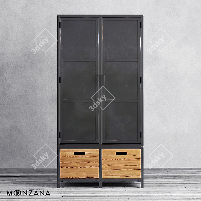 Rustic Pine Wood Wardrobe with Metal Accents 3D model image 2