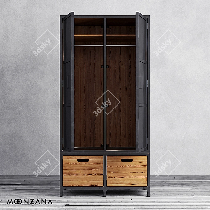 Rustic Pine Wood Wardrobe with Metal Accents 3D model image 3
