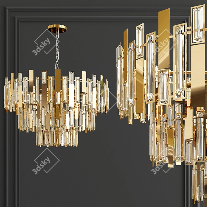 Elegant Golden Metal and Glass Chandelier 3D model image 1