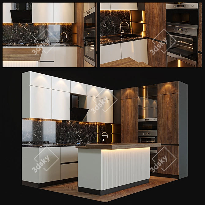 Modern Kitchen Set | Gas Cooktop, Oven, Microwave, Sink, Mixer 3D model image 1