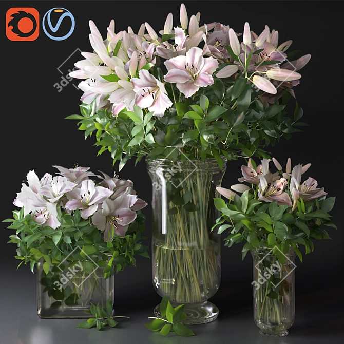 Elegant Lily Bouquet Vases 3D model image 1