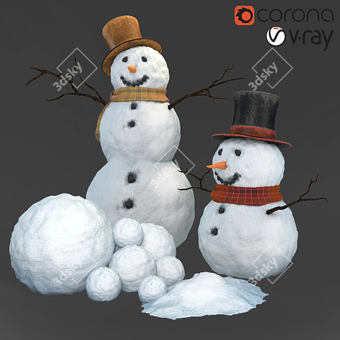 Frosty Friends: Snowman Duo 3D model image 1