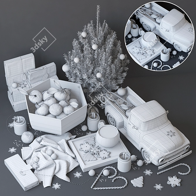 Festive Christmas Decor Set: Mandarins, Tree & Toy Car 3D model image 3