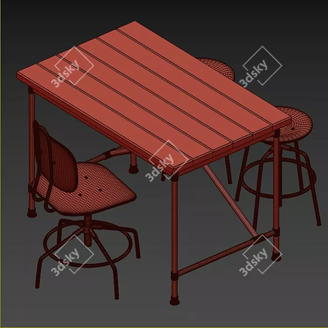 Rustic Pine Desk and Chairs 3D model image 3