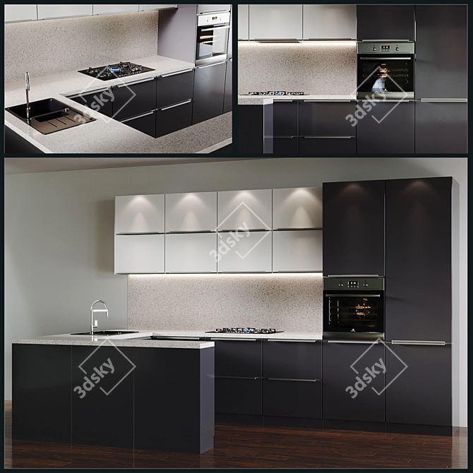 Modern Kitchen Set: Gas Cooktop, Oven, Microwave, Sink & Faucet 3D model image 1