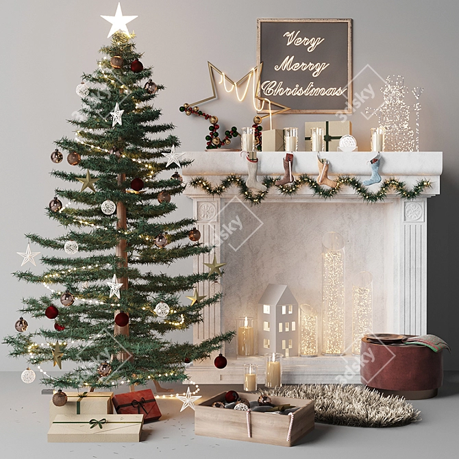 Festive Holiday Decor: Fireplace, Lights, Tree 3D model image 1