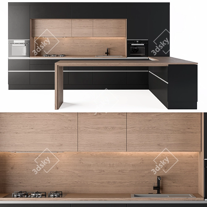 Sleek L-shaped Black Kitchen 3D model image 2