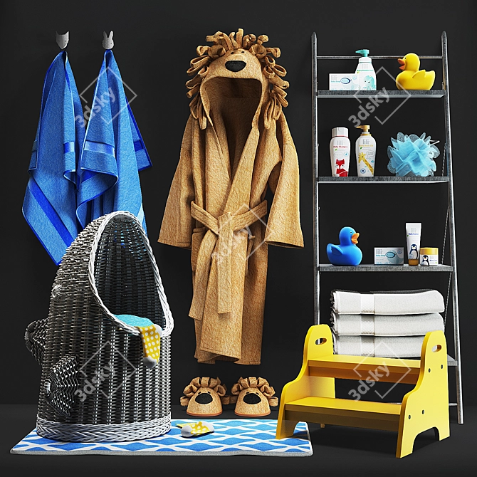 Shark Basket, Marlo Bath Mat, Kids' Animal Robe & Slippers, Yellow Trugen Step Stool 3D model image 4