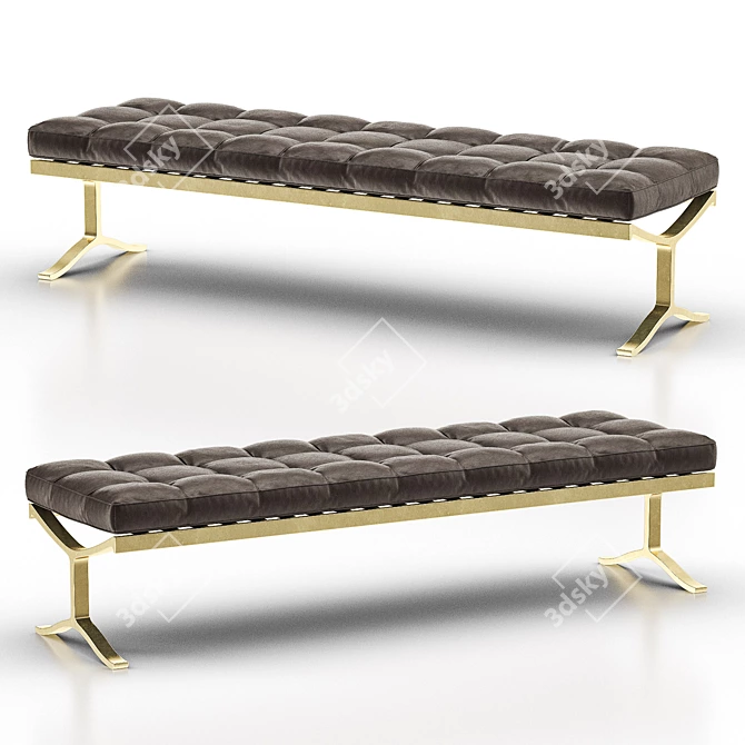 Vintage Brass and Leather Bench 3D model image 2