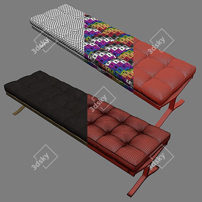 Vintage Brass and Leather Bench 3D model image 3