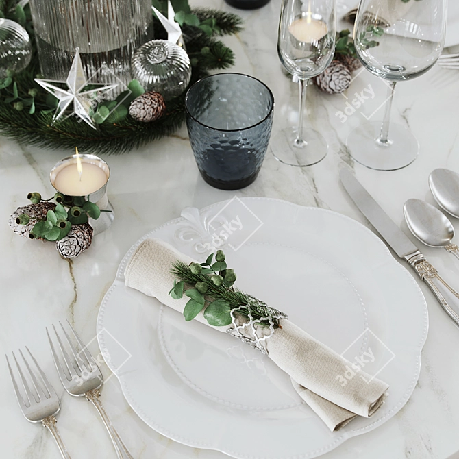 Festive Table Setting: Plates, Glasses, Vase, Candle, Cutlery & Decor 3D model image 2