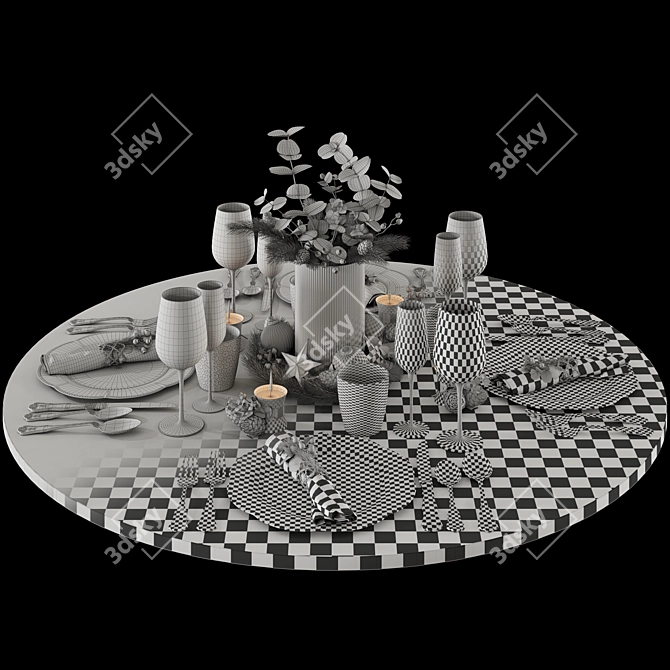 Festive Table Setting: Plates, Glasses, Vase, Candle, Cutlery & Decor 3D model image 5