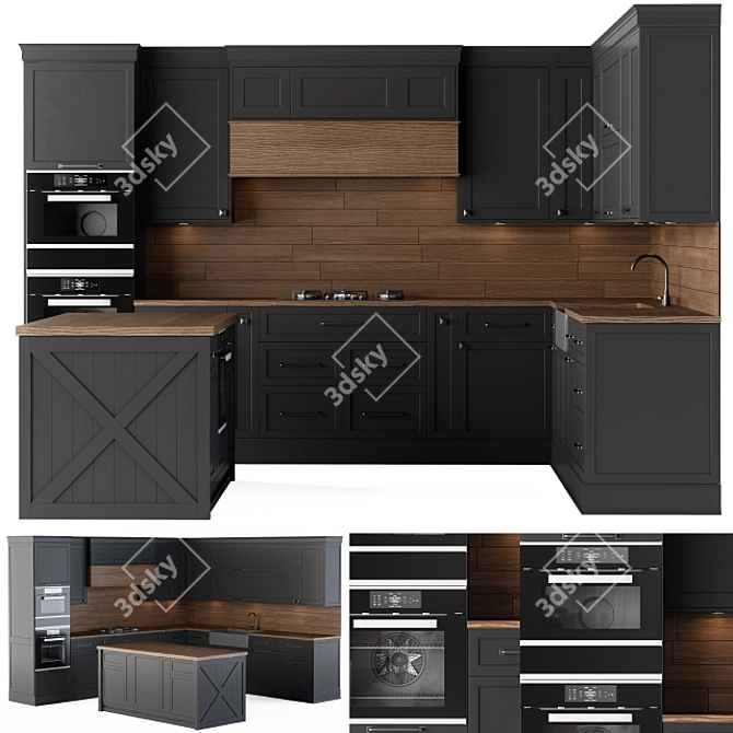 Modern Black Wood Kitchen 3D model image 2