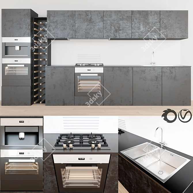 Modern Kitchen Set: Gas, Hood, Sink, Coffeemaker, Ovens 3D model image 1