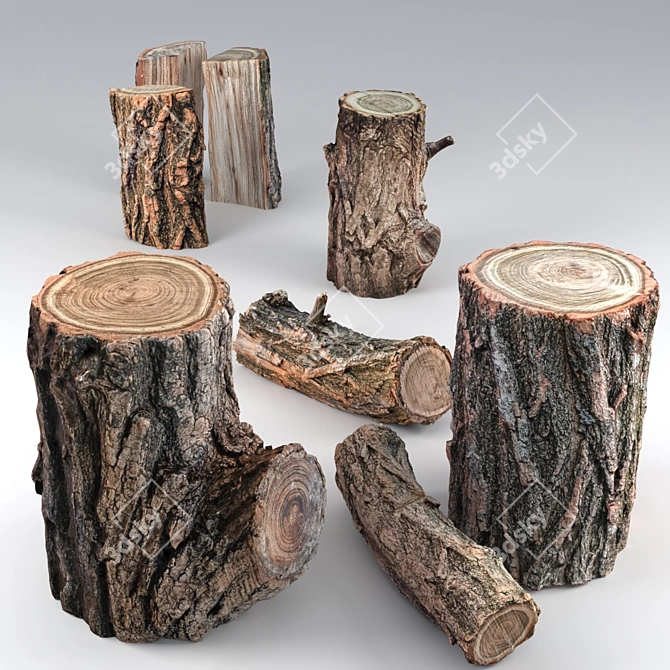 Rustic Locust Tree Wood: 5 Stumps & 3 Split Pieces 3D model image 2