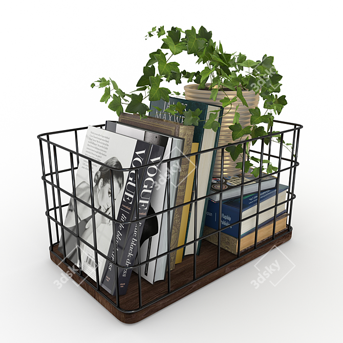 Rustic Metal & Wood Basket with Books and Ivy 3D model image 3