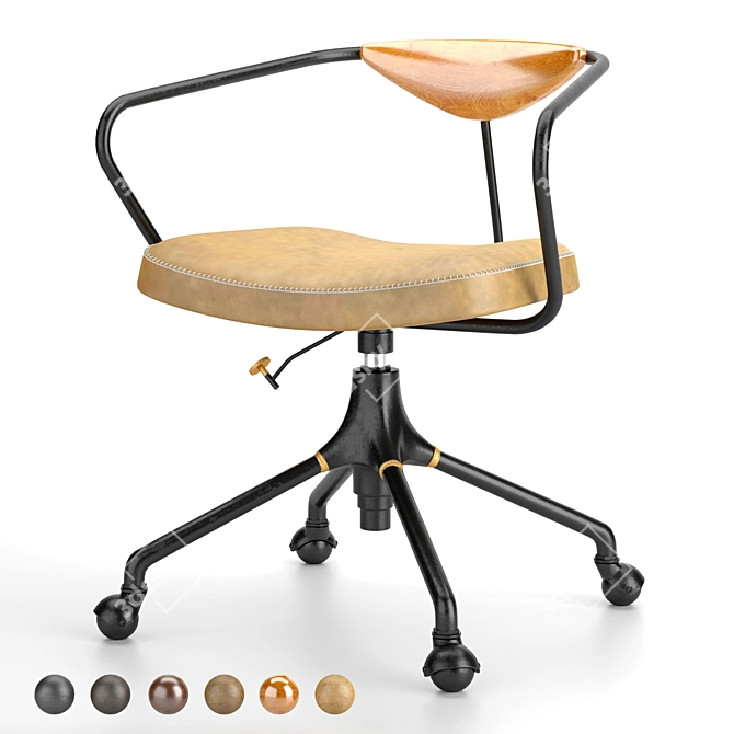 Title: Akron Desk Chair: Solid Oak, Hand-Stitched Leather 3D model image 3