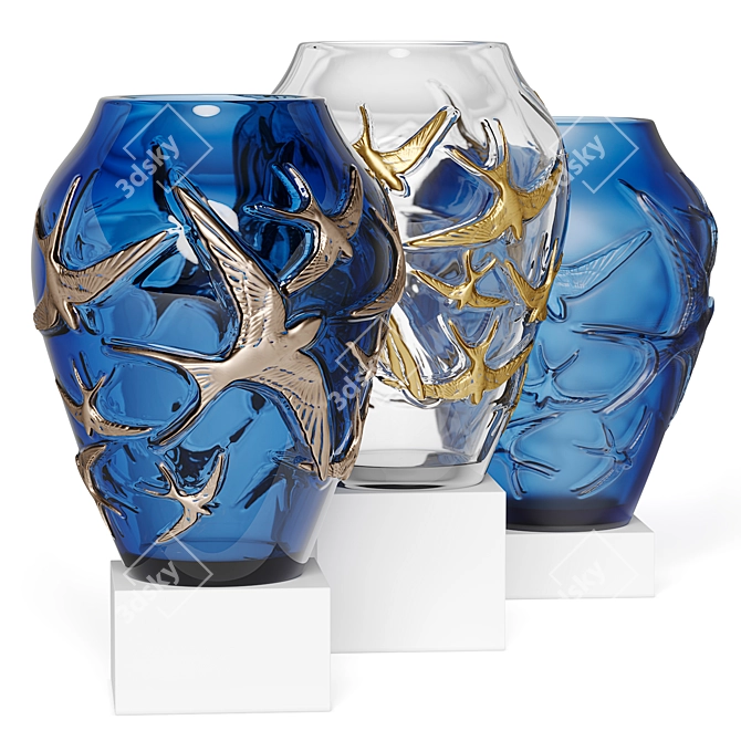Lalique Hirondelles Crystal Vase: Elegant & Golden 3D model image 1