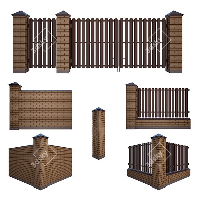 Modular Brick and Euro Panel Fencing 3D model image 1