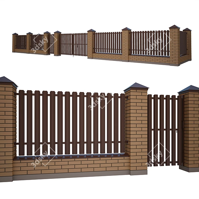 Modular Brick and Euro Panel Fencing 3D model image 2