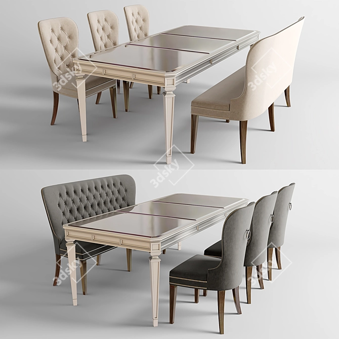 Classic Dining Table Set with Chairs and Bench 3D model image 1