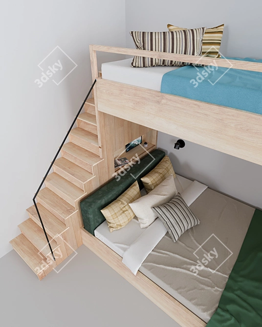 Double Decker Bunk Bed with Bookshelves 3D model image 3