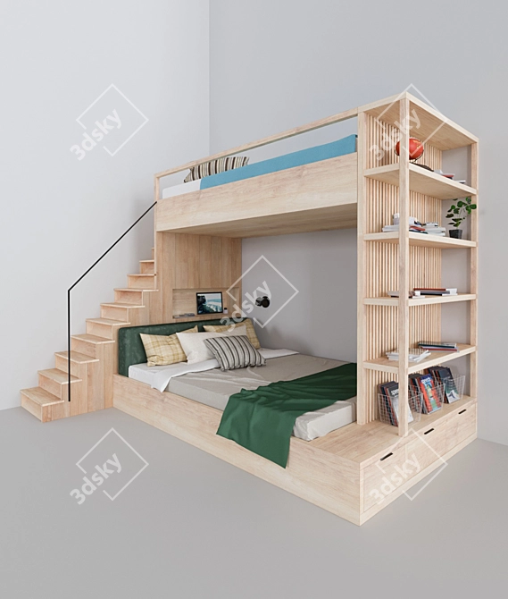 Double Decker Bunk Bed with Bookshelves 3D model image 6