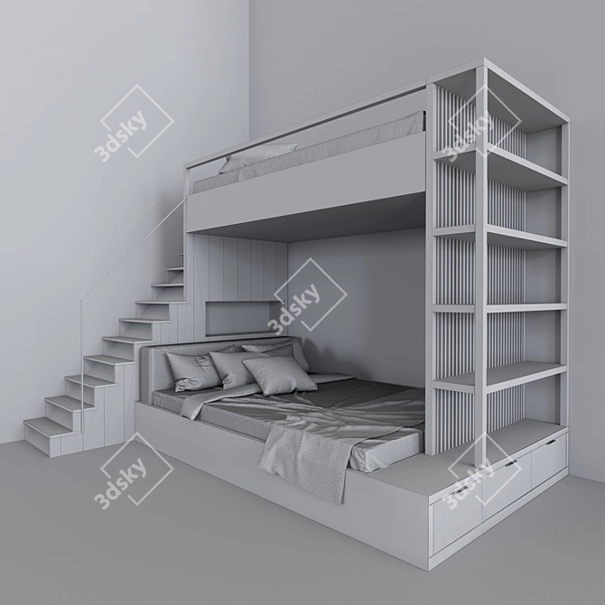 Double Decker Bunk Bed with Bookshelves 3D model image 10