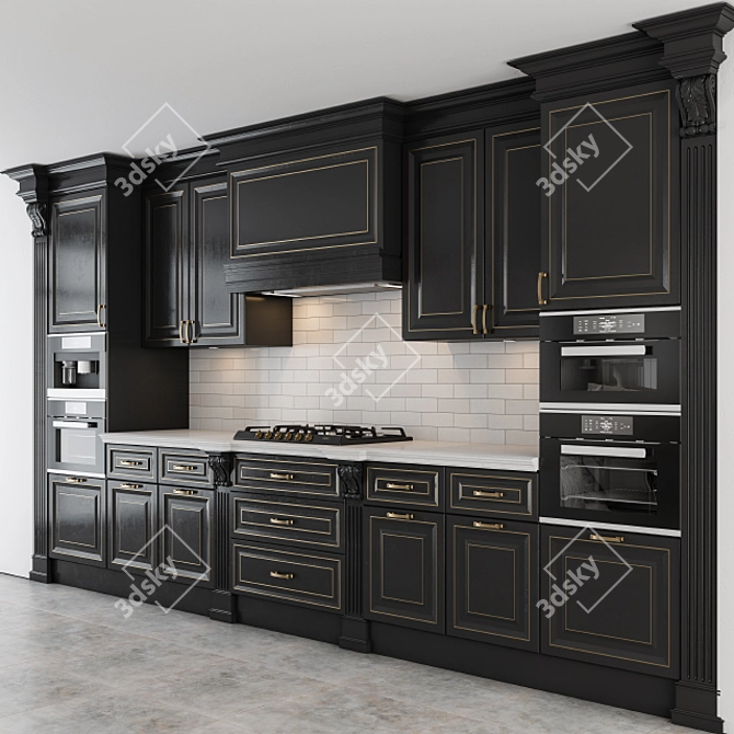 Elegant Black and Gold Kitchen 3D model image 1