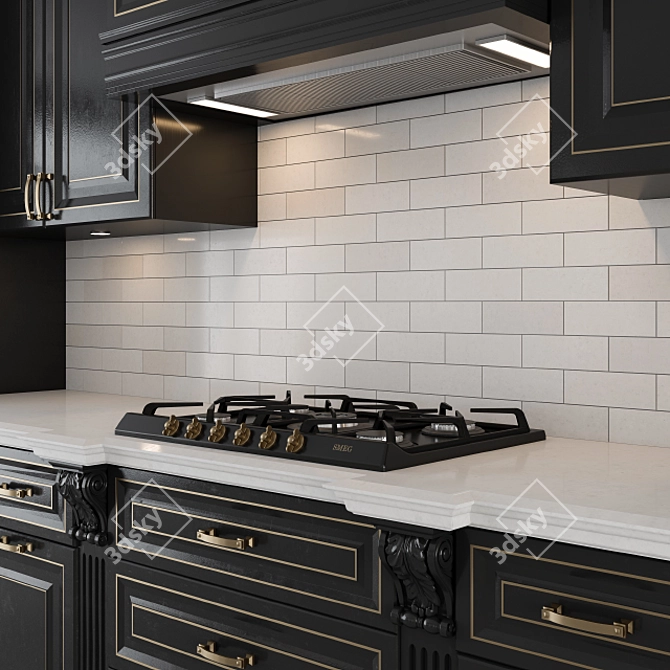 Elegant Black and Gold Kitchen 3D model image 2