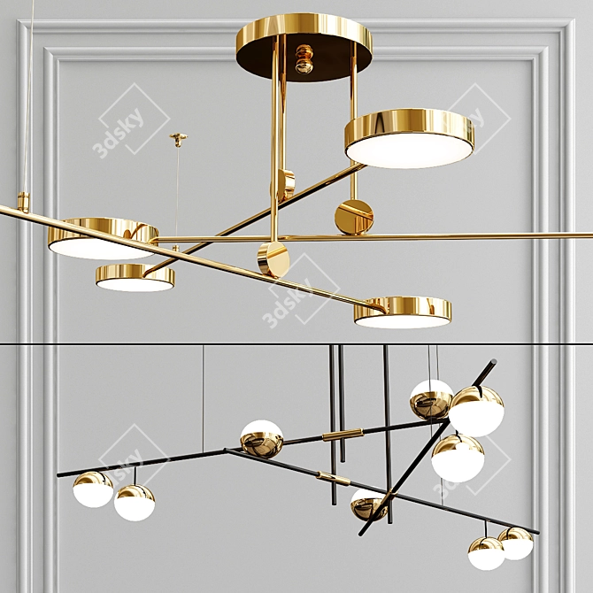 Modern Industrial Chandelier: Brass & Glass 3D model image 2