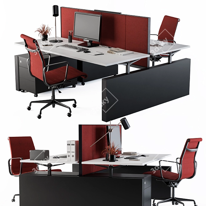 Red Employee Office Furniture Set 3D model image 1