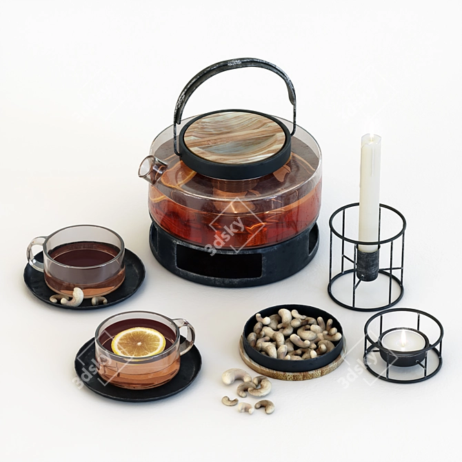 Elegant Glass Tea Set with Candles 3D model image 1
