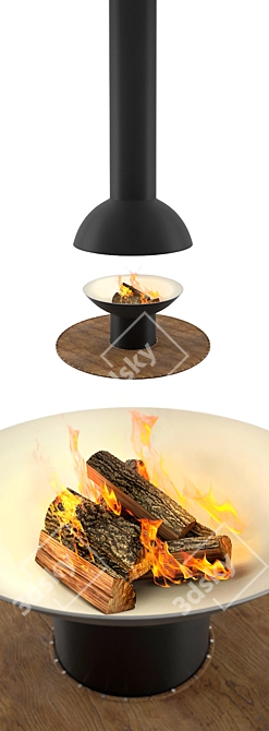 Round Wood-burning Fireplace with Wooden Deck 3D model image 4