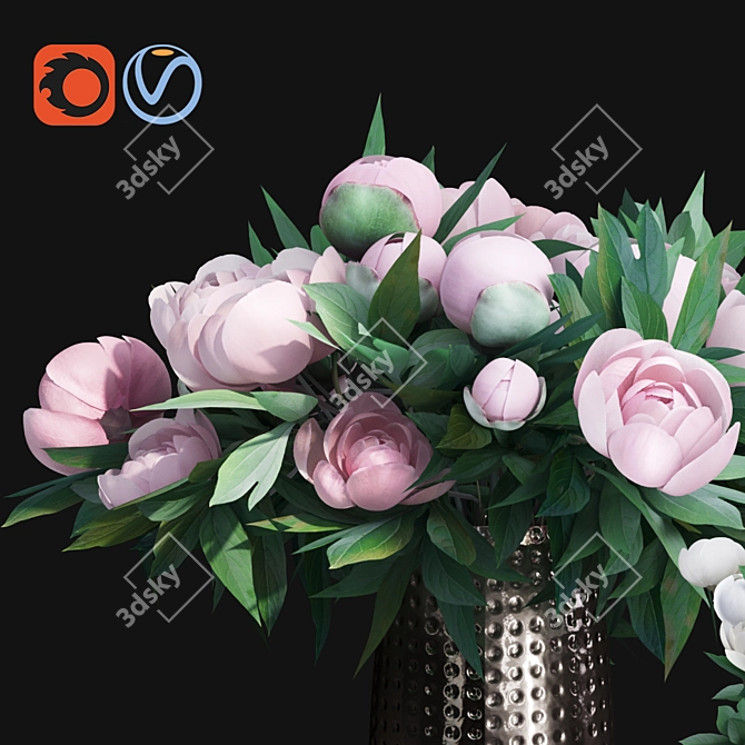 Elegant Pink Peony Metal Vases 3D model image 5