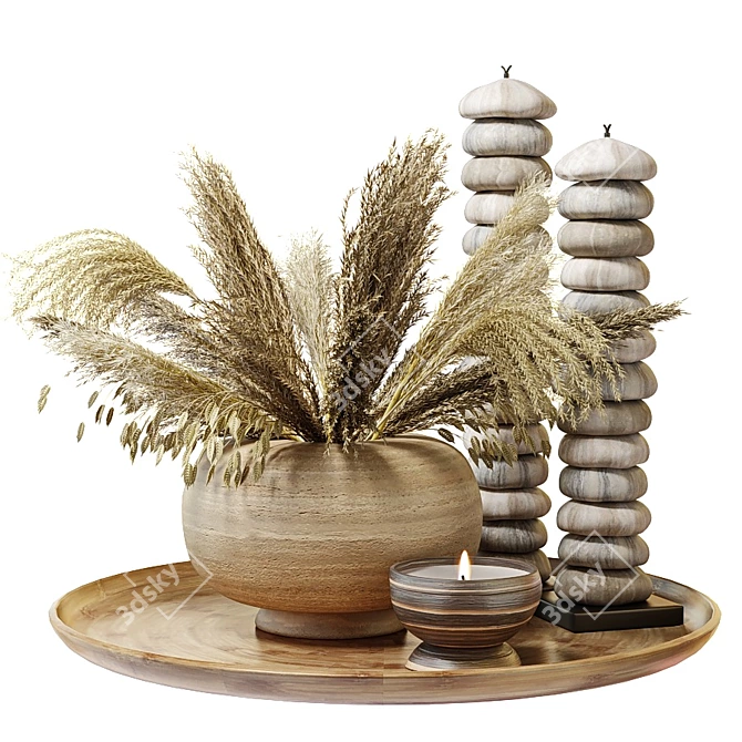 Rustic Clay Vase with Dry Grass 3D model image 1