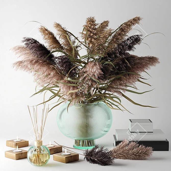 Rustic Grass Bouquet in Glass Vase 3D model image 1