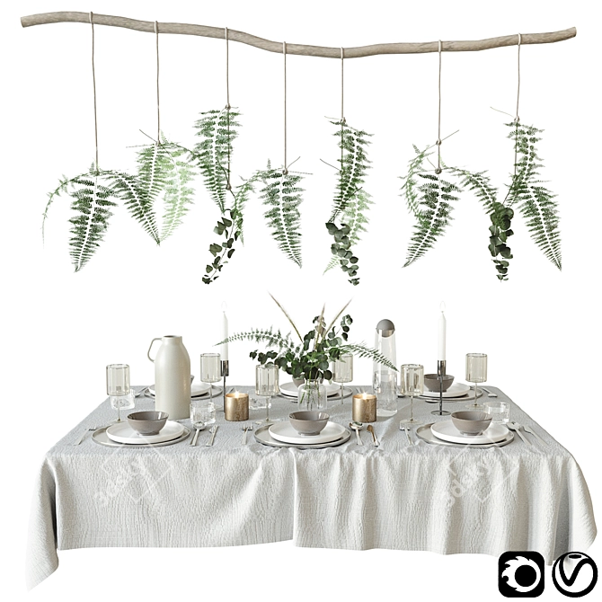 Elegant Fern Tableware Set 3D model image 1