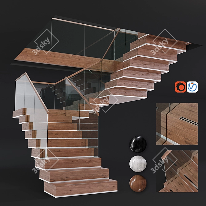 Sleek Glass & Wood Modern Staircase 3D model image 1