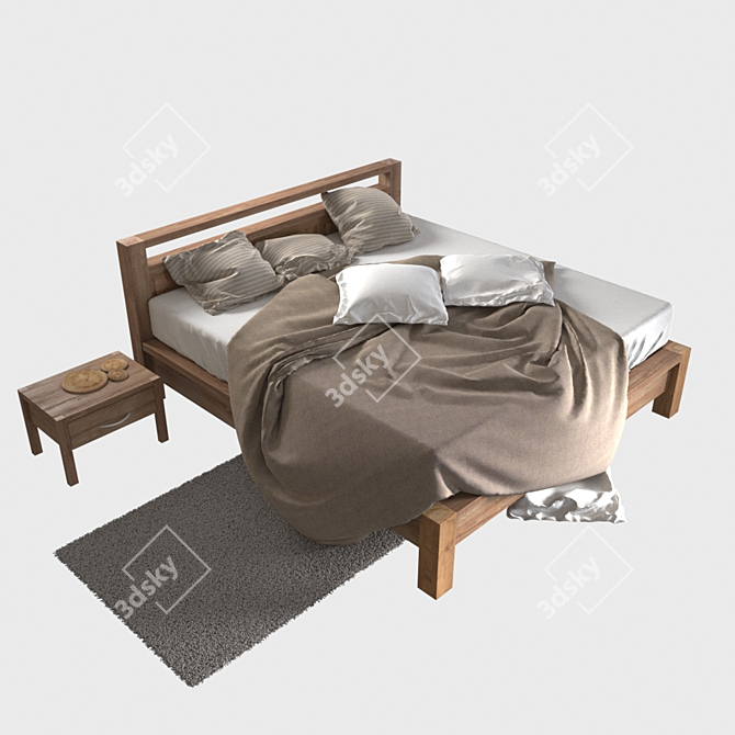 Rustic Pine Bed & Nightstand 3D model image 1