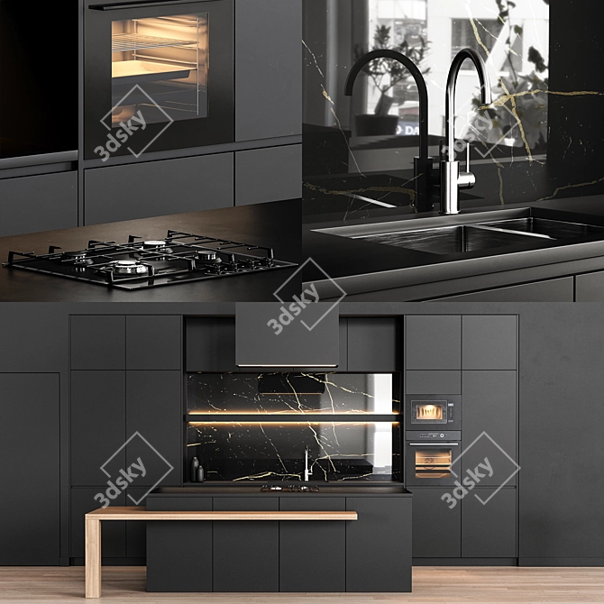Sleek Black Kitchen Design 3D model image 1
