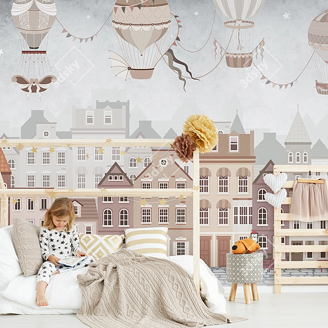 Enchanting Balloon Street | Eco-Friendly Kids' Wallpaper 3D model image 2